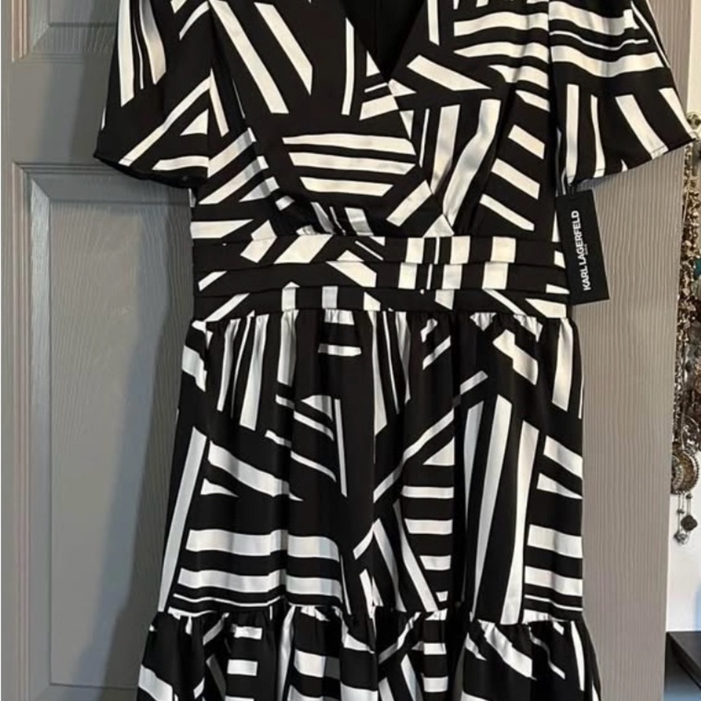 Karl Lagerfeld Black and White Ruffled Tie Front Midi Dress